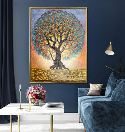 Gustav Klimt Tree of Life Painting on Canvas Gold Tree Painting Large Golden Tree Wall Art Klimt Gold Blue Art Family Tree Painting for Home