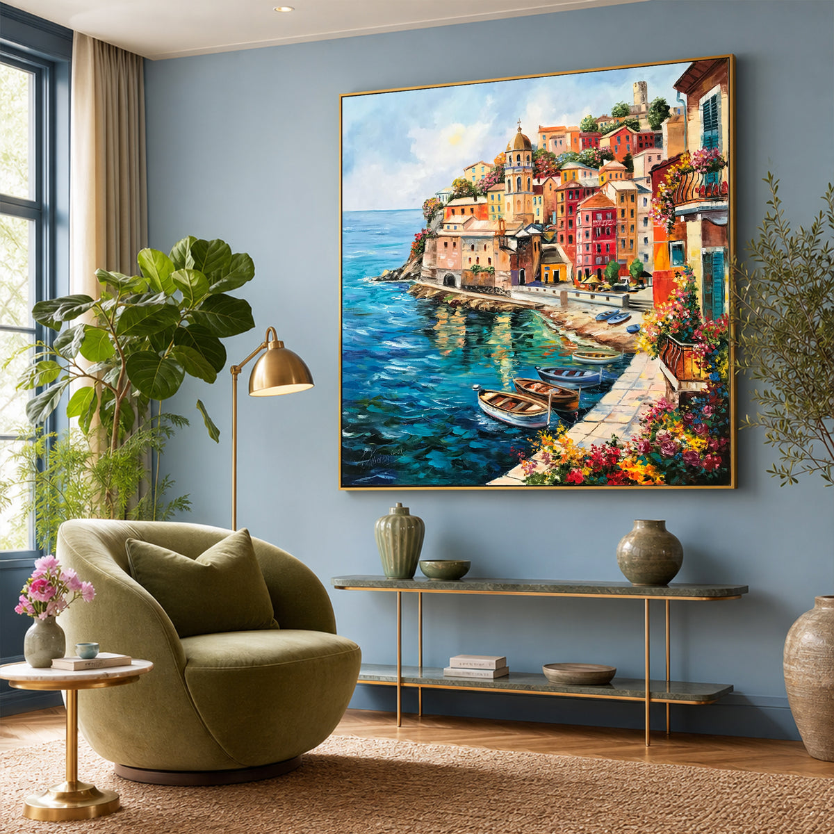 Vernazza Cinque Terre Oil Painting | Original Famous Italian Coastal Village Wall Art, Italy Coast Artwork
