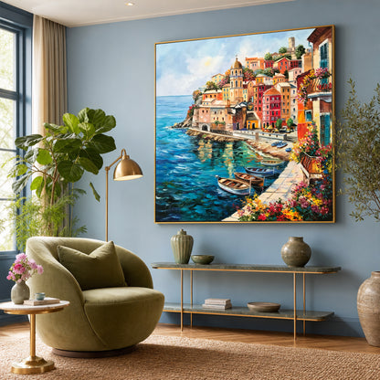 Vernazza Cinque Terre Oil Painting | Original Famous Italian Coastal Village Wall Art, Italy Coast Artwork