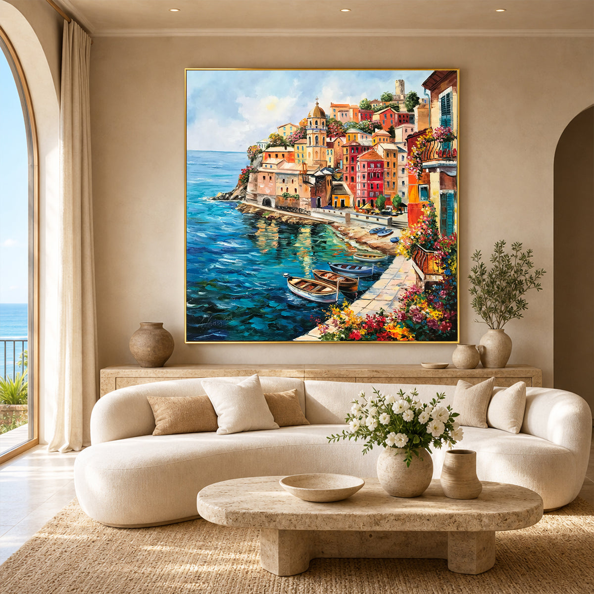 Vernazza Cinque Terre Oil Painting | Original Famous Italian Coastal Village Wall Art, Italy Coast Artwork