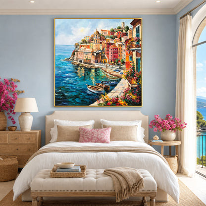 Vernazza Cinque Terre Oil Painting | Original Famous Italian Coastal Village Wall Art, Italy Coast Artwork