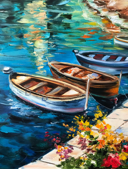Vernazza Cinque Terre Oil Painting | Original Famous Italian Coastal Village Wall Art, Italy Coast Artwork