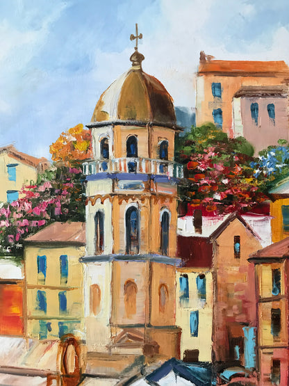 Vernazza Cinque Terre Oil Painting | Original Famous Italian Coastal Village Wall Art, Italy Coast Artwork