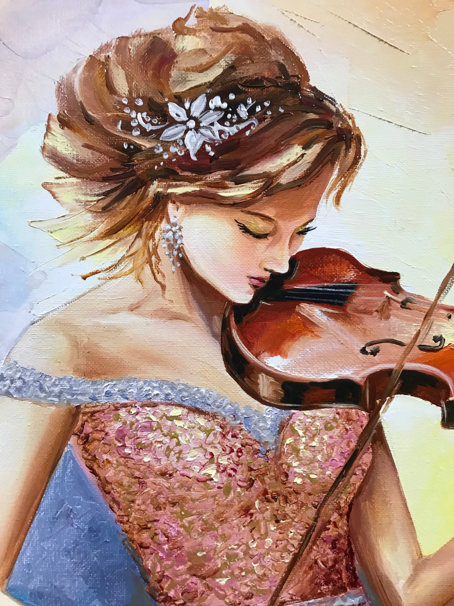 Beautiful Woman Playing Violin Painting on Canvas Violin Home Decor Girl in Pink Dress Oil Painting Original Violinist Art