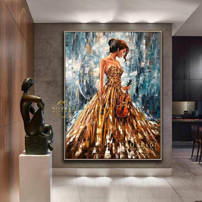violin woman painting, blue gold abstract art, music wall art, violinist painting, handmade oil painting, signed original