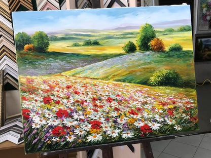 Wildflower Field Landscape Oil Painting Original Wild Flower Meadow Canvas Wall Art Wildflowers and Mountains Painting