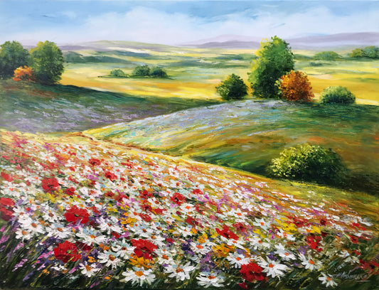 Wildflower Field Landscape Oil Painting Original Wild Flower Meadow Canvas Wall Art Wildflowers and Mountains Painting