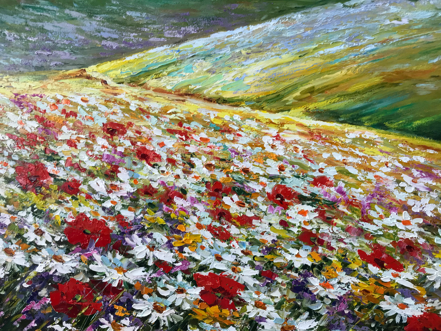 Wildflower Field Landscape Oil Painting Original Wild Flower Meadow Canvas Wall Art Wildflowers and Mountains Painting