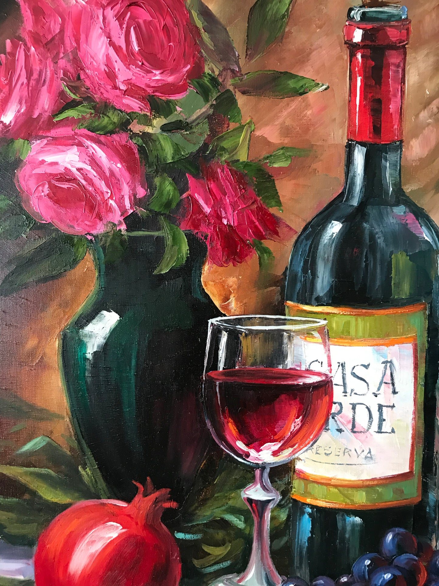 Red Wine Painting on Canvas Wine Bottle Painting Original Grapes and Wine Painting Still Life Fruit Art