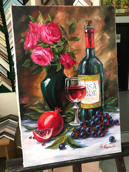 Red Wine Painting on Canvas Wine Bottle Painting Original Grapes and Wine Painting Still Life Fruit Art