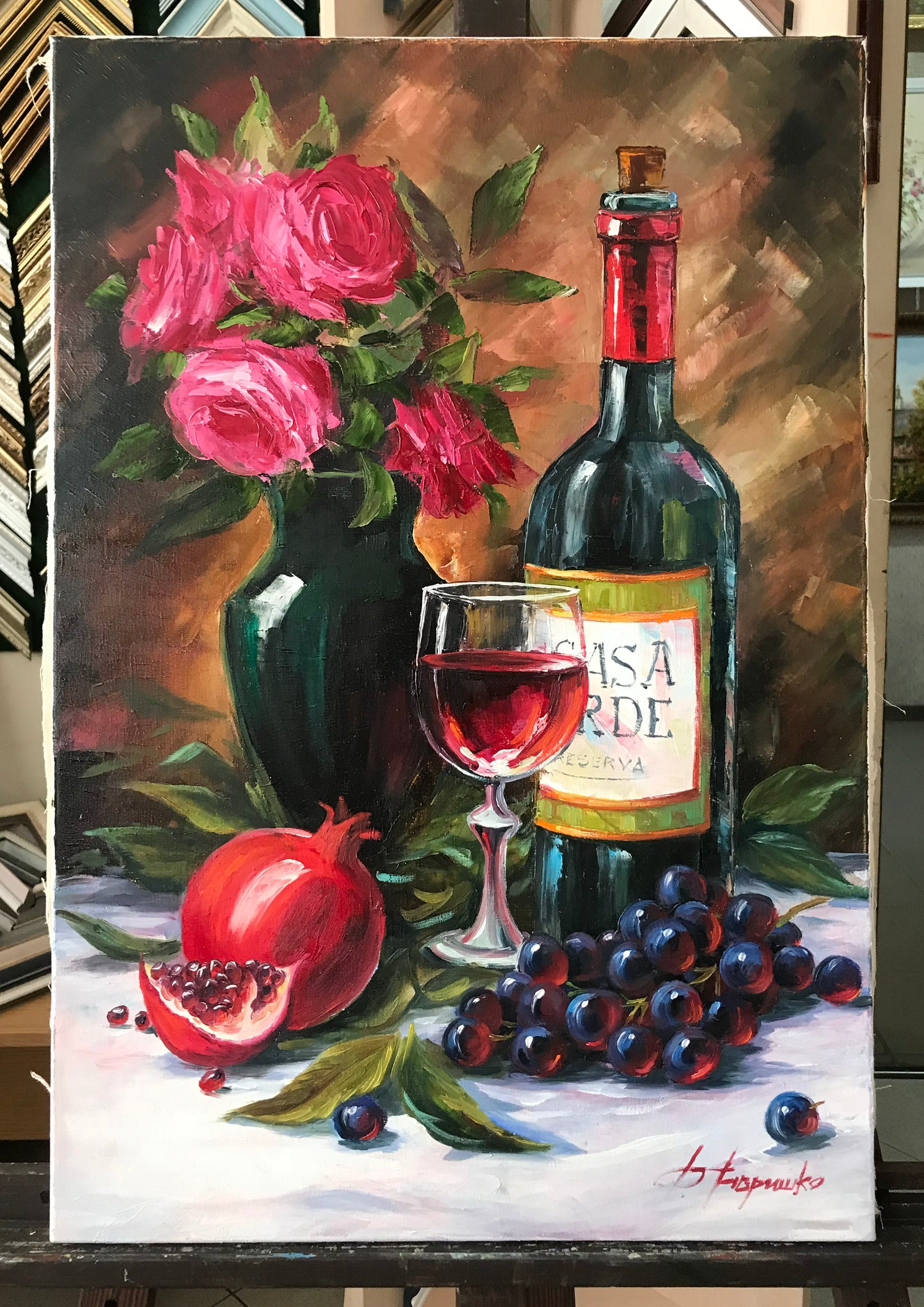 Red Wine Painting on Canvas Wine Bottle Painting Original Grapes and Wine Painting Still Life Fruit Art