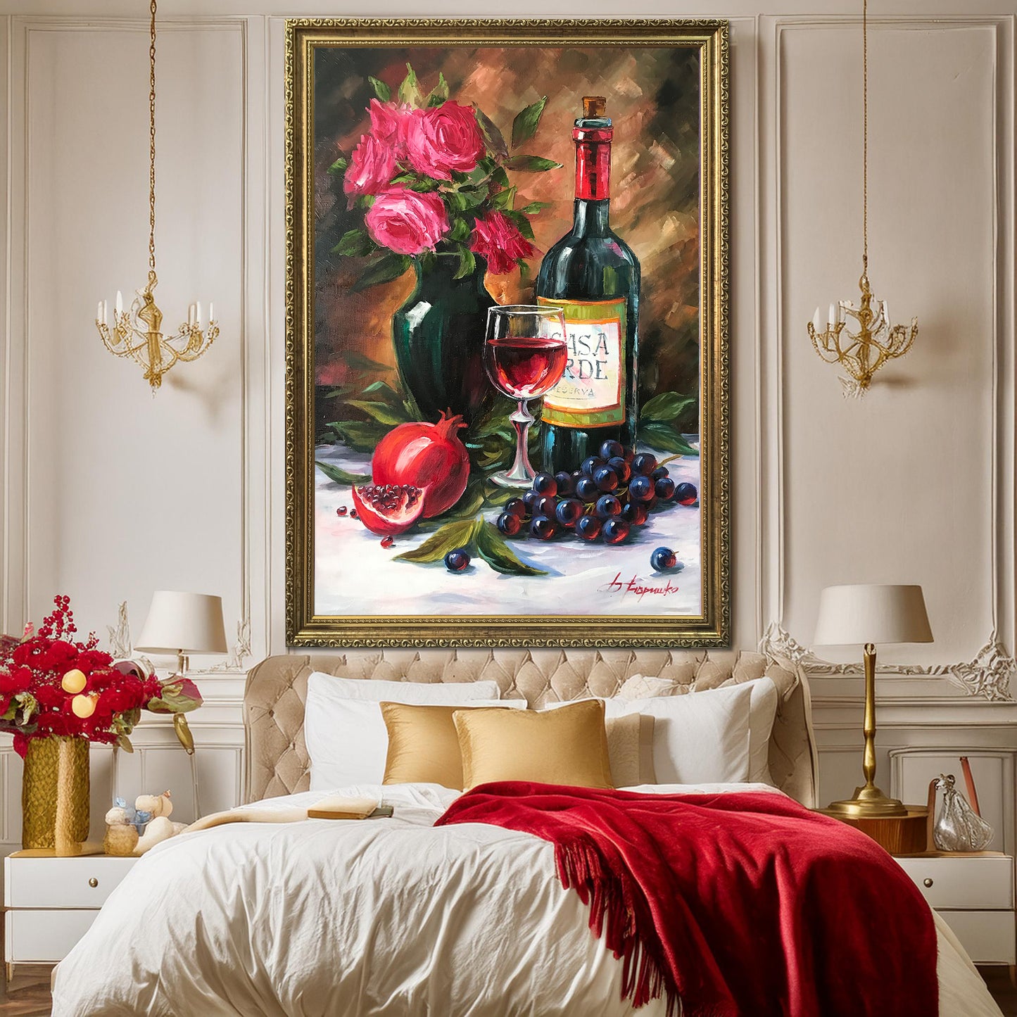 Red Wine Painting on Canvas Wine Bottle Painting Original Grapes and Wine Painting Still Life Fruit Art