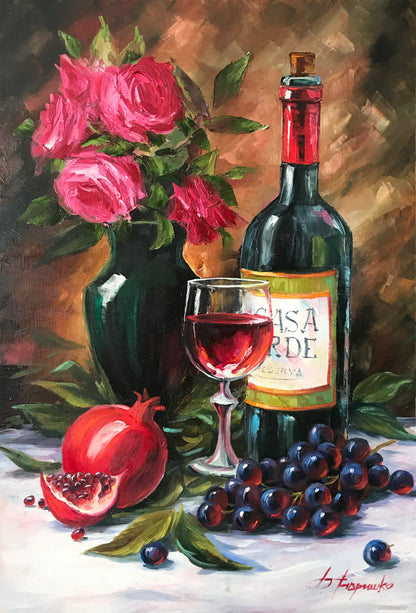 Red Wine Painting on Canvas Wine Bottle Painting Original Grapes and Wine Painting Still Life Fruit Art