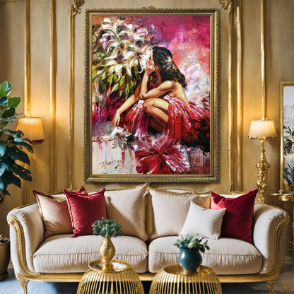 Beautiful Woman in Red Painting on Canvas Girl with Flowers Art Bridgerton Painting Original Woman Artwork