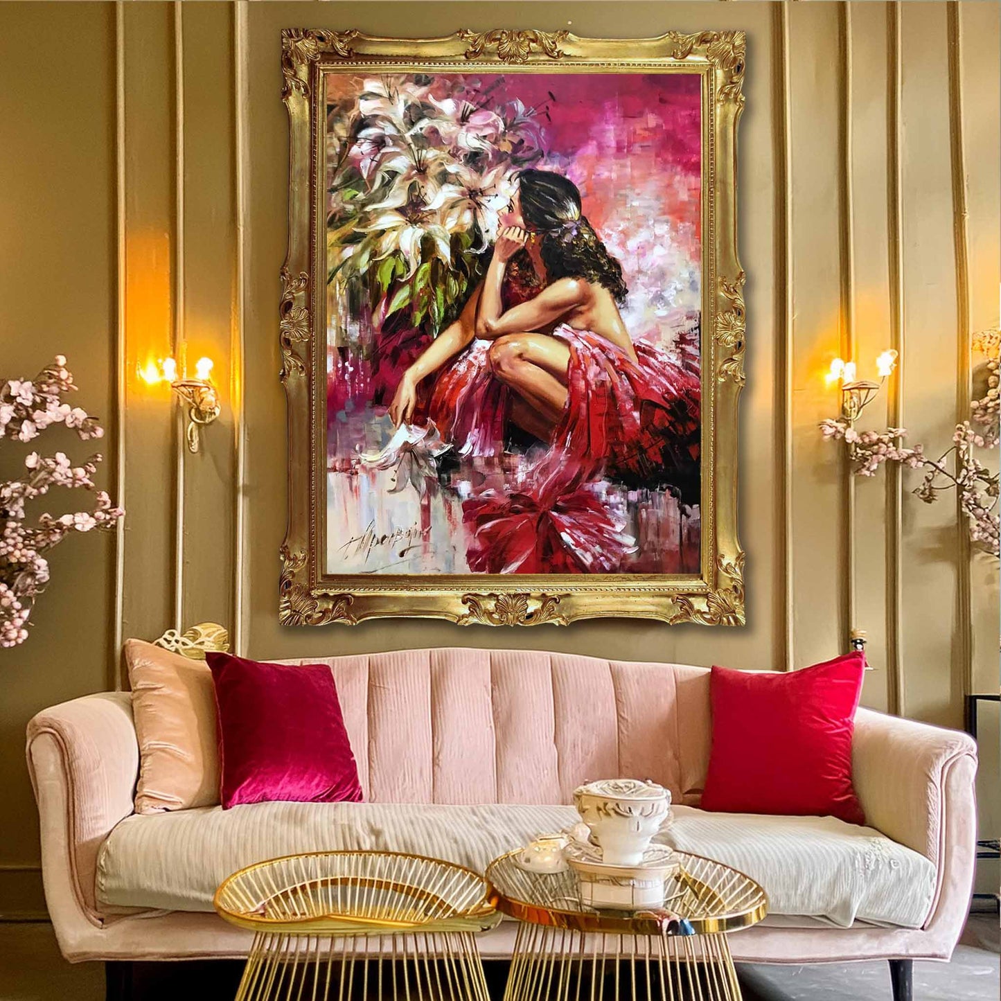 Beautiful Woman in Red Painting on Canvas Girl with Flowers Art Bridgerton Painting Original Woman Artwork