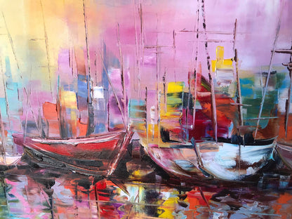 Abstract Sailing Boats Paintings on Canvas Colorful Boat Wall Art Extra Large Abstract Paintings of Sailboats at Sunset Artwork