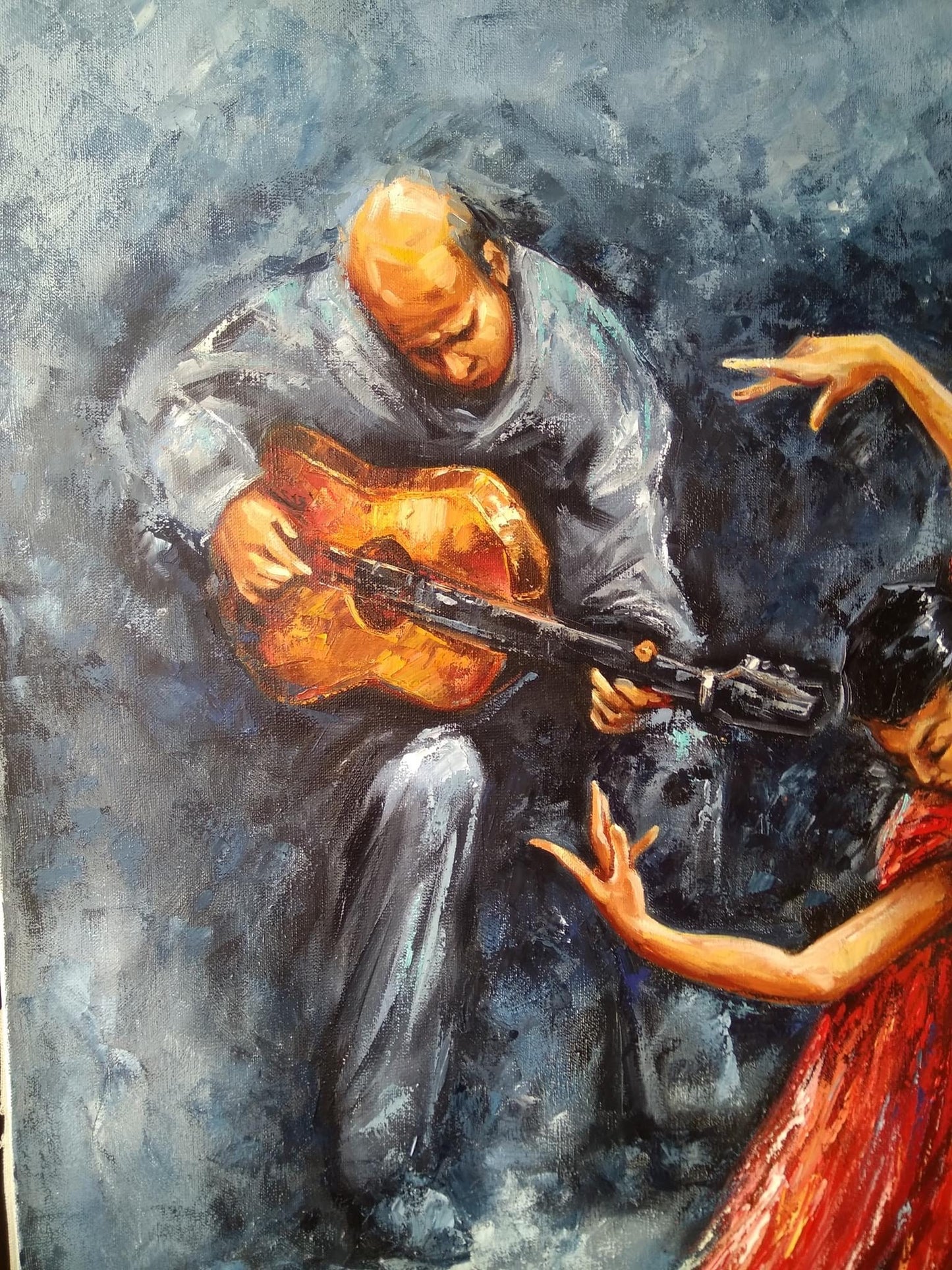 Flamenco Dancer Painting on Canvas Flamenco Dance Wall Decor Spanish Dancer with Guitarists Oil Painting Original Dancing Woman Art