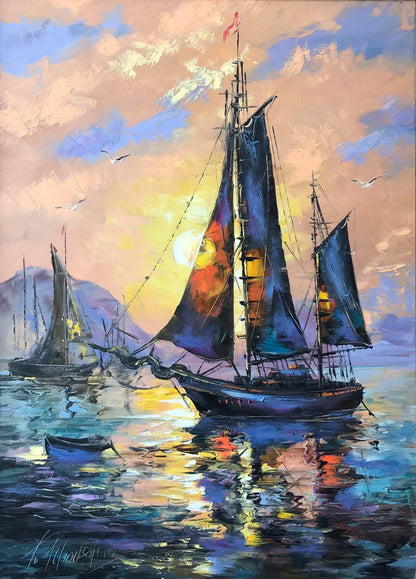 Sailboats Sunset Seascape Oil Painting, Blue Ocean Marine Wall Art, Colorful Sailing Ship Sea Painting