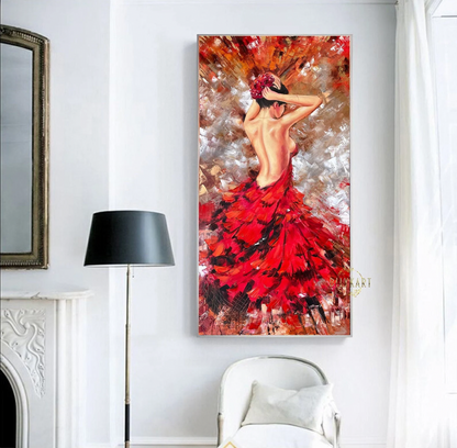 Lady in Red Oil Painting Original Woman Back Painting on Canvas Elegant Artwork Ballerina Painting Abstract Woman Wall Art 36x72"