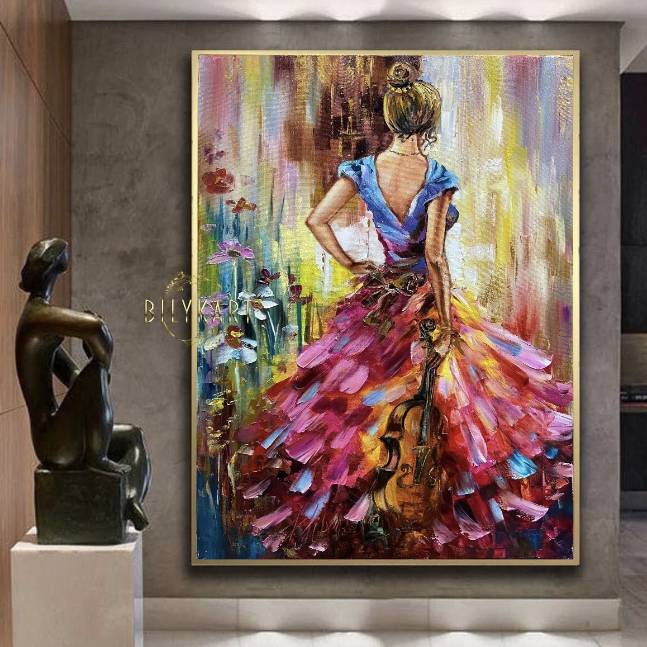 Abstract Woman Violinist Oil Painting Original Modern Music Wall Art Contemporary Girl in Pink Dress Painting on Canvas