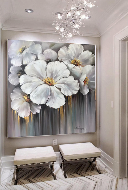 Extra Large White Flowers Painting on Canvas White and Gold Flower Wall Decor Flowers in Bloom Oil Painting