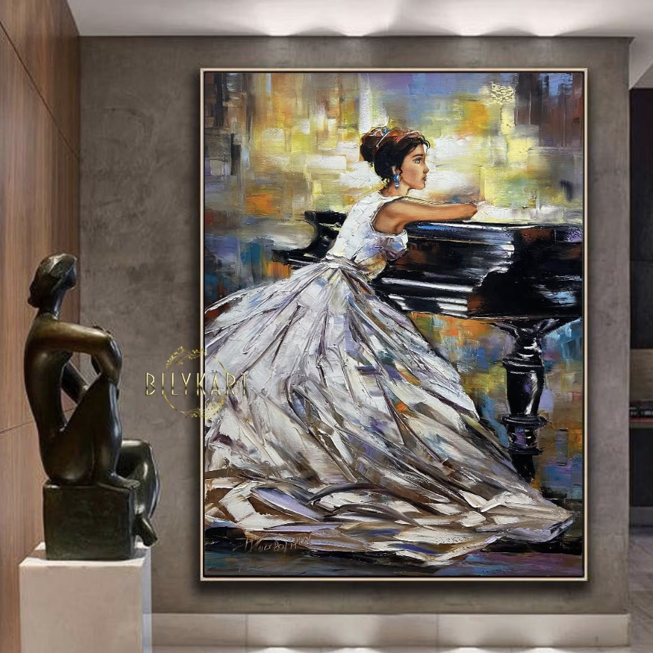 Pianist Oil Painting Original Woman Playing Piano Painting Music Art Woman in White Dress Painting