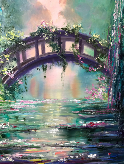 Claude Monet Painting Original Japanese Bridge Water Lilies Wall Art Green Nature Pond Painting