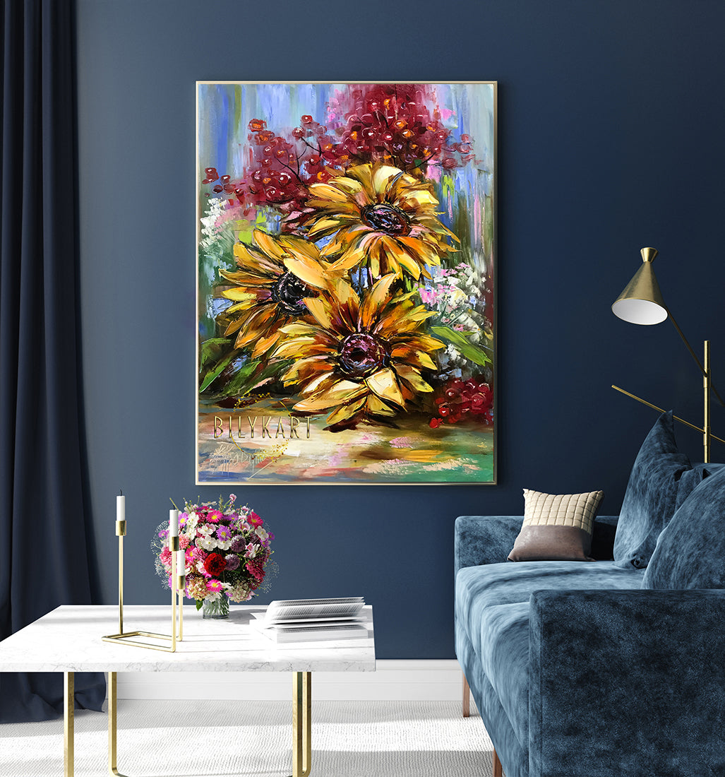 Abstract Sunflower Oil Painting Original Abstract Large Flower Painting on Canvas Ukrainian Folk Art Flowers Sunflowers and Viburnum Oil Painting