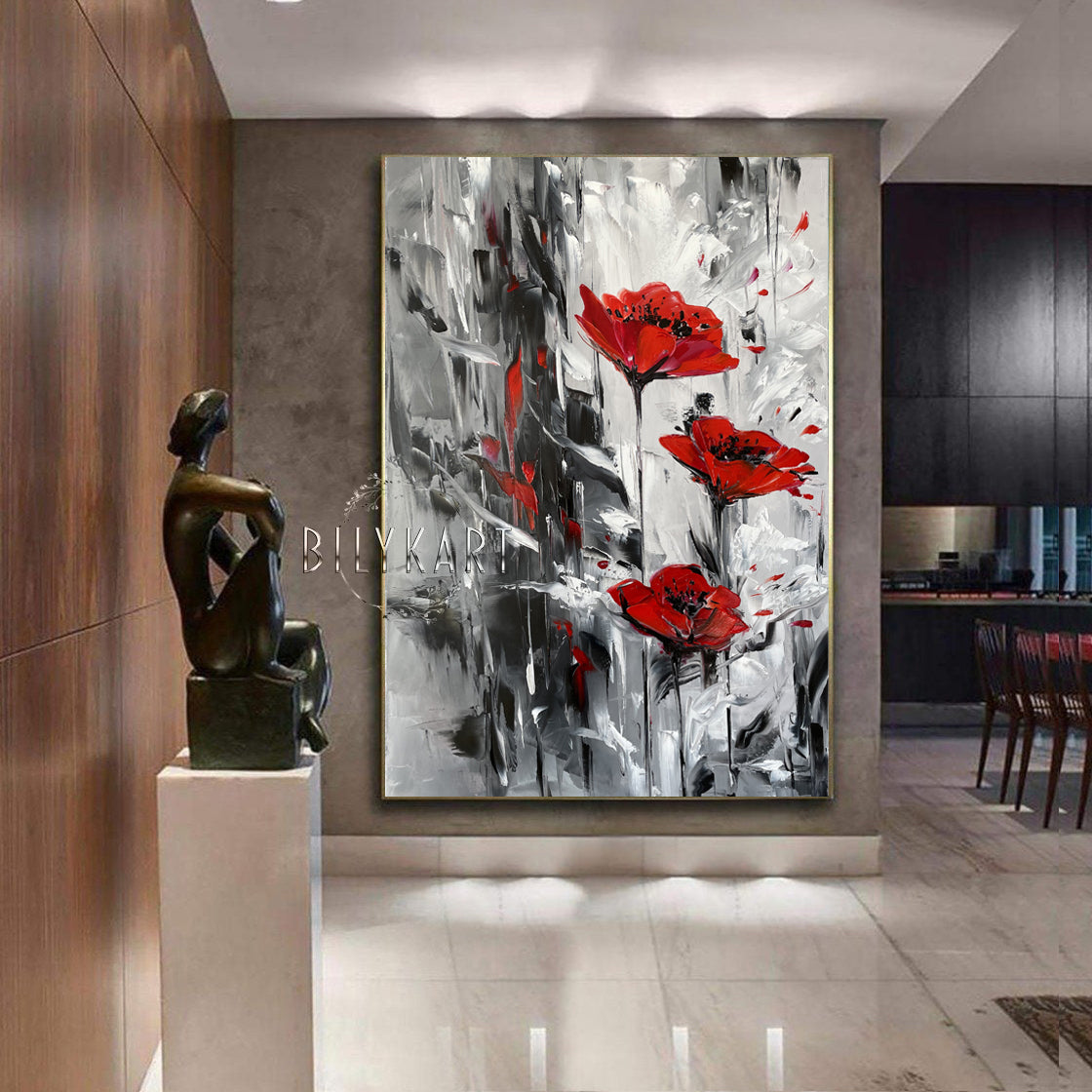 Abstract Red Poppies Painting on Canvas, Poppy Flower Wall Art, Large Abstract Floral Oil Painting