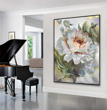 Extra Large Abstract Floral Oil Painting Neutral White Flower Painting Bloom Painting 40x60 Big Flowers for Wall Decor XL Painting Abstract