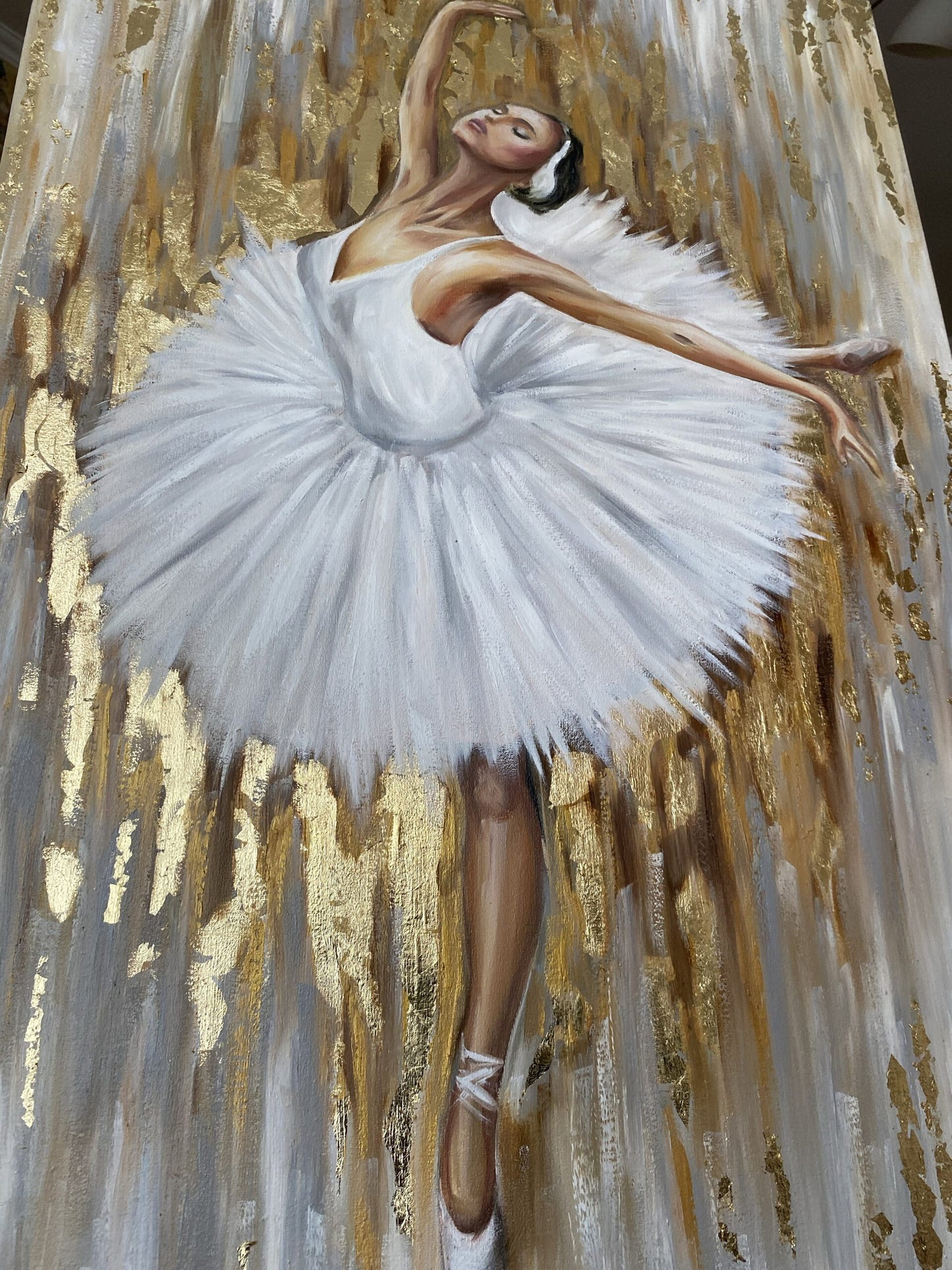 Dancing Ballerina Oil Painting with Gold Leaf Abstract Background Ballet Dancer Wall Art Dancing Girl Painting on Canvas