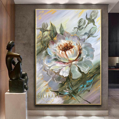 Extra Large Flower Oil Painting on Canvas Abstract White Green Floral Canvas Wall Art Oversized White Flower Painting 40x60"