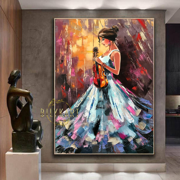 Elegant Lady with Violin Oil Painting Abstract Woman Wall Art Music Ar ...