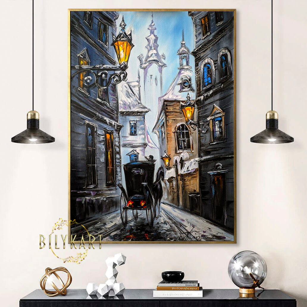 European Town Oil Painting Original Horse and Carriage Painting on Canvas Paintings of European Cities Europe Gift