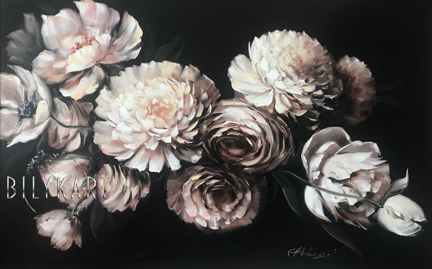 White Flowers On Black Background Painting on Canvas, Large White Peony Wall Art, Dark Floral Oil Painting