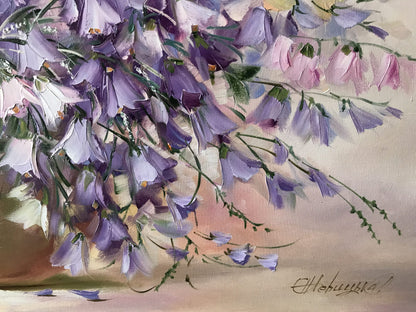 Purple Flowers Oil Painting Original, Wildflower Wall Art, Large Bluebells Flower Bouquet Painting for Bedroom