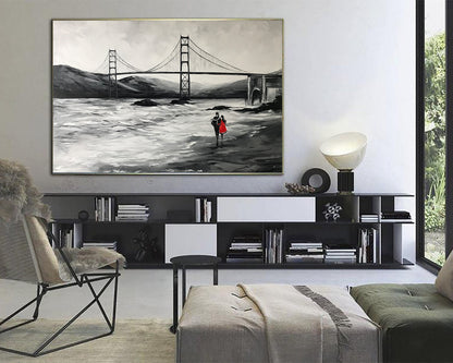 San Francisco Golden Gate Bridge Painting, SF Wall Art, Black and White Baker Beach Painting on Canvas