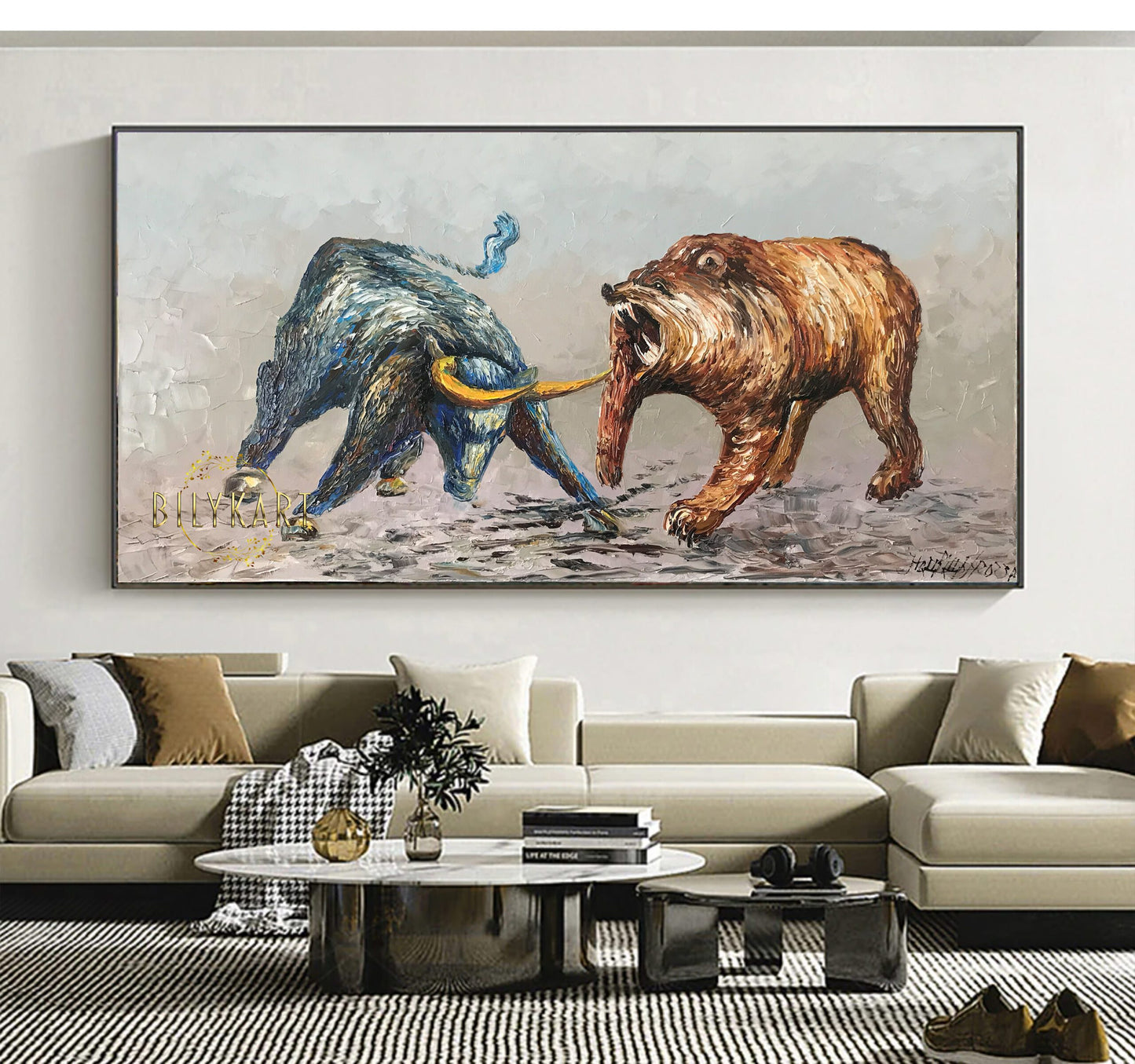 Large Bull and Bear Market Painting on Canvas Modern Stock Market Wall Decor Oversized Wall Street Bull vs Bear Painting