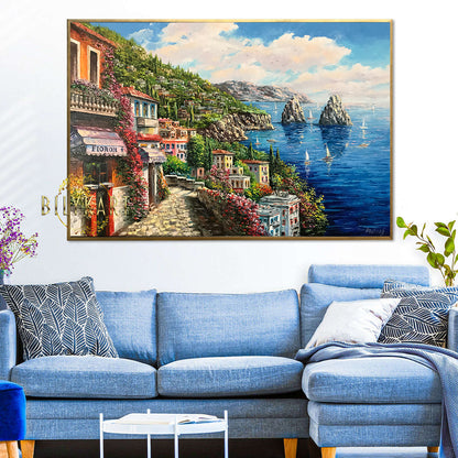 Capri Italy Canvas Paintings for Sale Famous Italian Landscape Oil Painting Amalfi Coast Framed Wall Art Italy Coast Towns Artwork