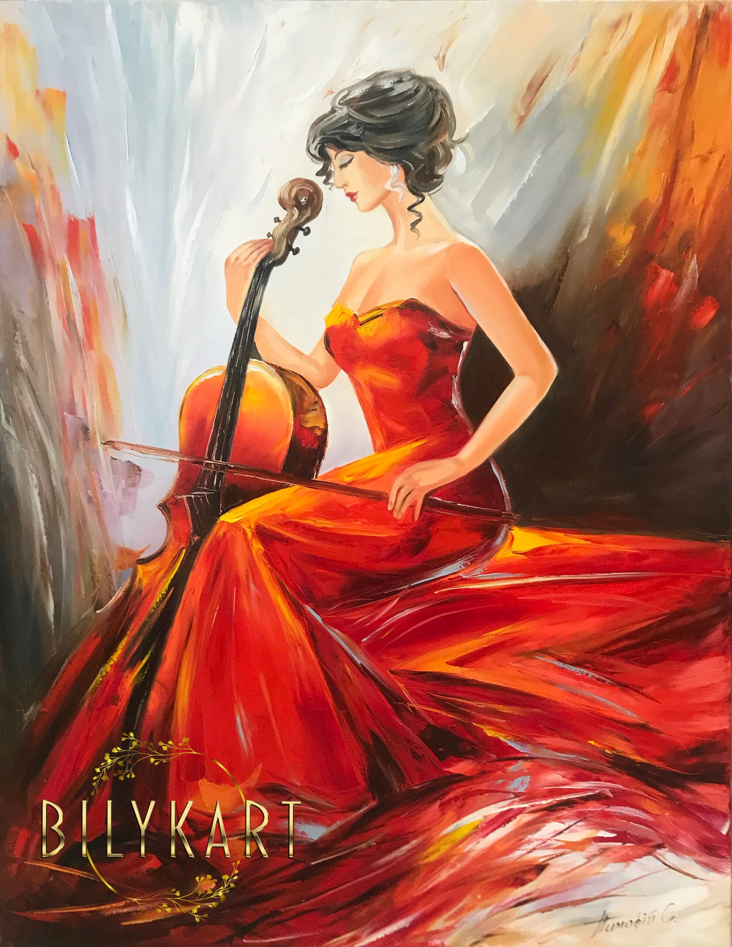 Woman Playing Cello Painting on Canvas Classical Music Player Framed Wall Art Girl with Cello Oil Painting Music Artwork