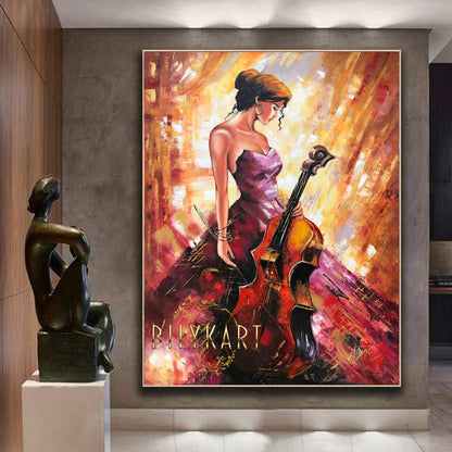 Woman with Cello Oil Painting Original, Abstract Woman Wall Art, Cello Painting on Canvas, Music Wall Decor, Luxury Painting, Large Modern Art