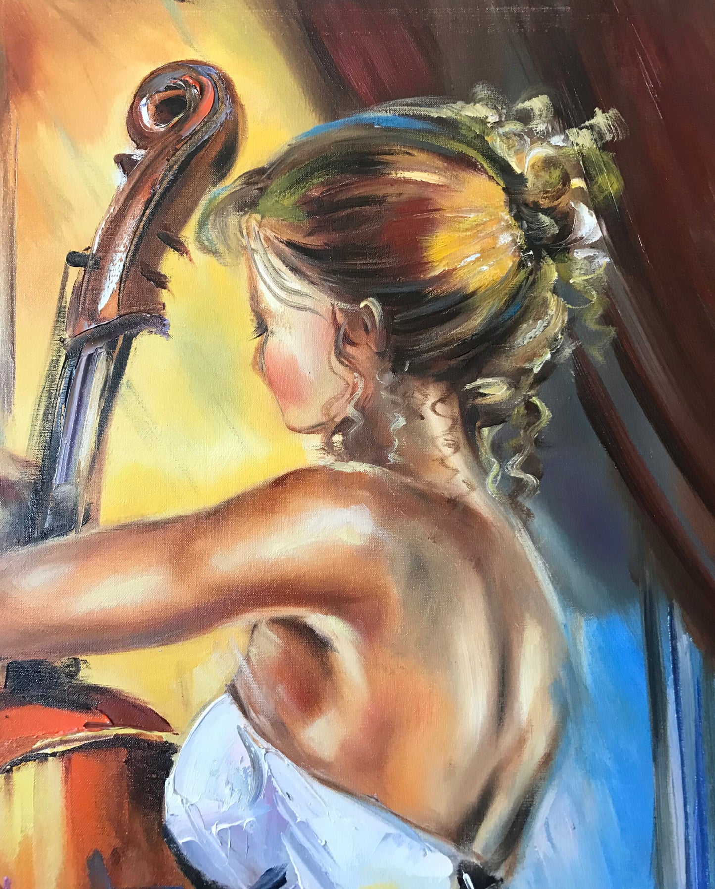 Woman Playing Cello Painting, Music Artist Wall Art, Lady with Cello Oil Painting on Canvas