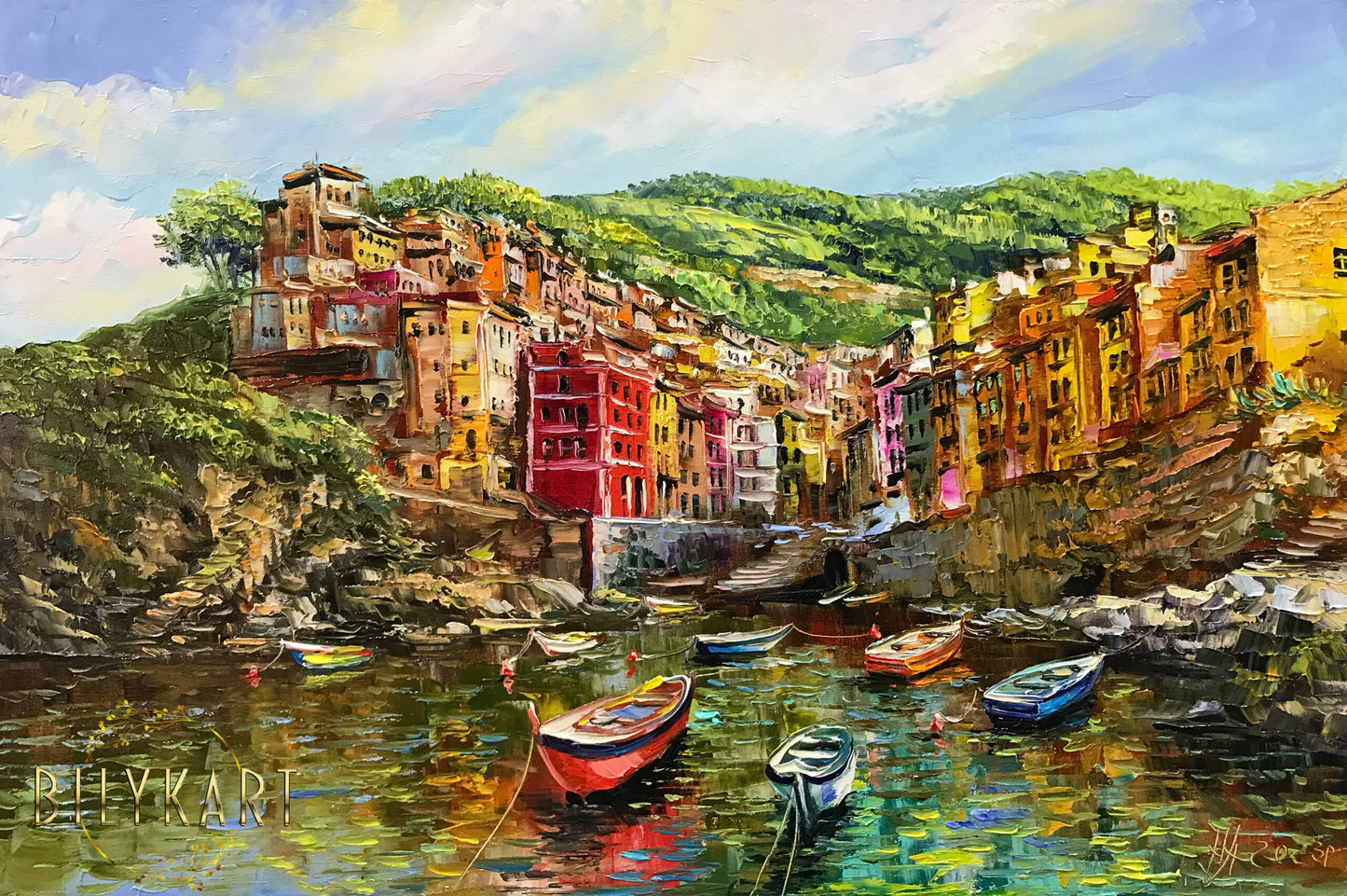 Cinque Terre Italy Oil Painting Original Italy Colorful Houses on Cliff Wall Art Riomaggiore Painting Cinque Terre Artwork