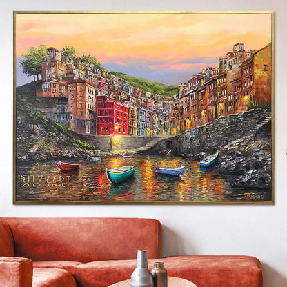 Riomaggiore Cinque Terre Painting on Canvas Italian Coastal Villages Artwork Italy Fishing Village Oil painting Original Art