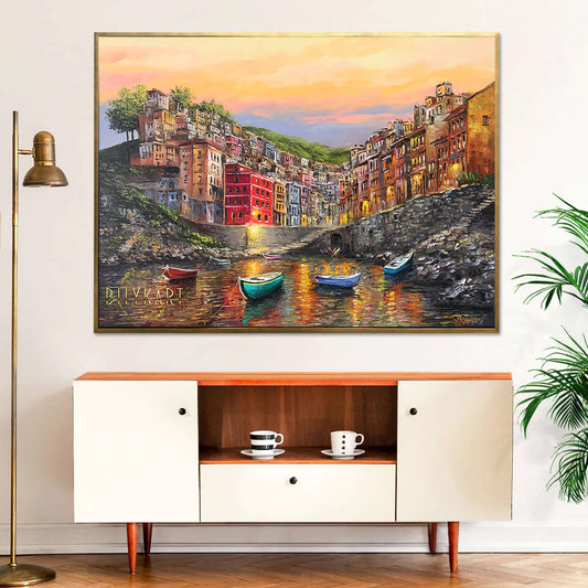 Riomaggiore Cinque Terre Painting on Canvas Italian Coastal Villages Artwork Italy Fishing Village Oil painting Original Art