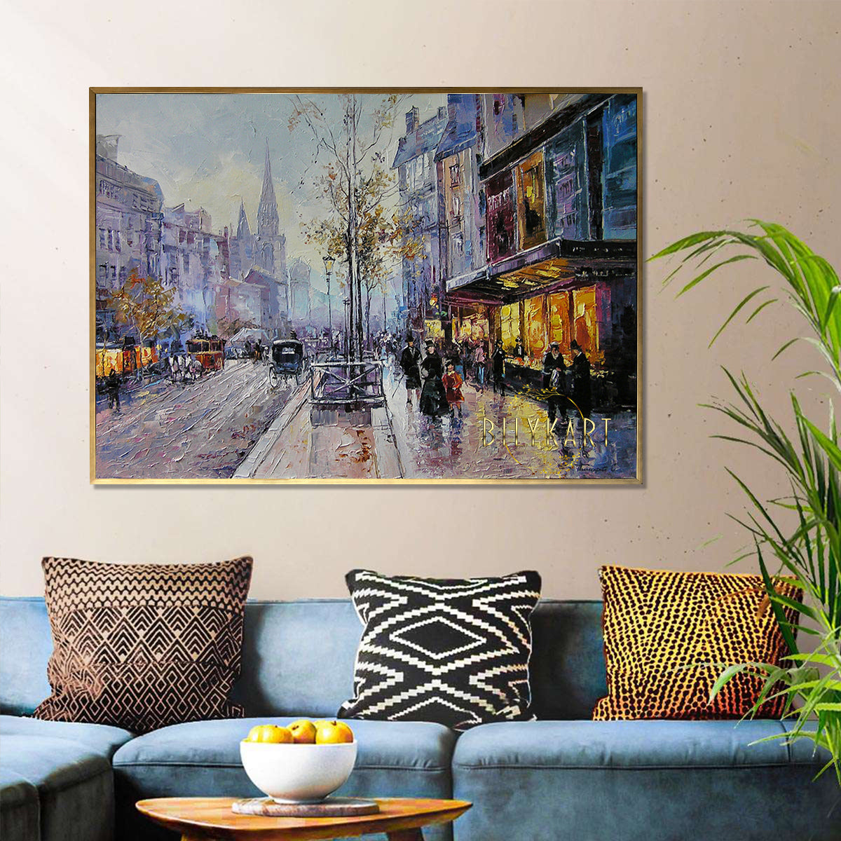 Abstract Cityscape Oil Painting Original Night Street Scene Painting on Canvas European City Framed Wall Art European Wall Decor