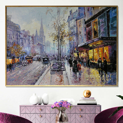 Abstract Cityscape Oil Painting Original Night Street Scene Painting on Canvas European City Framed Wall Art European Wall Decor