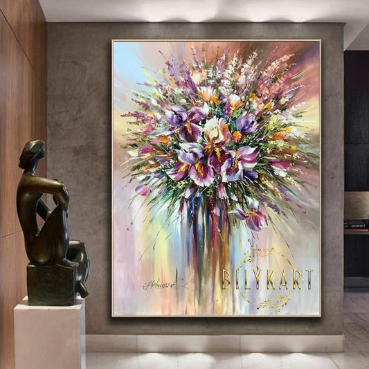 Large Abstract Floral Oil Painting Modern Art Iris Canvas Wall Decor Colorful Abstract Flower Paintings