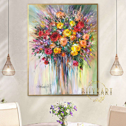 Large Flowers Oil Paintings on Canvas, Extra Large Floral Framed Art, Colorful Rose Flowers Oil Painting, Abstract Flowers Art