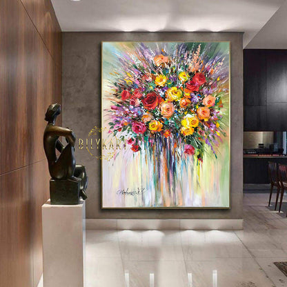 Large Flowers Oil Paintings on Canvas, Extra Large Floral Framed Art, Colorful Rose Flowers Oil Painting, Abstract Flowers Art